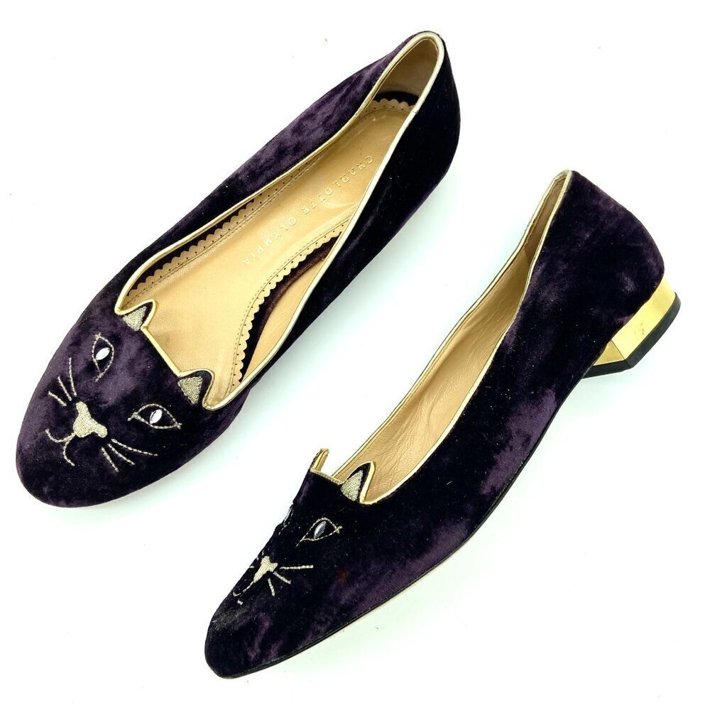 Charlotte Olympia Kitty Cat Purple Velvet Flats Loafers Gold, EU 39 US 8.5-9